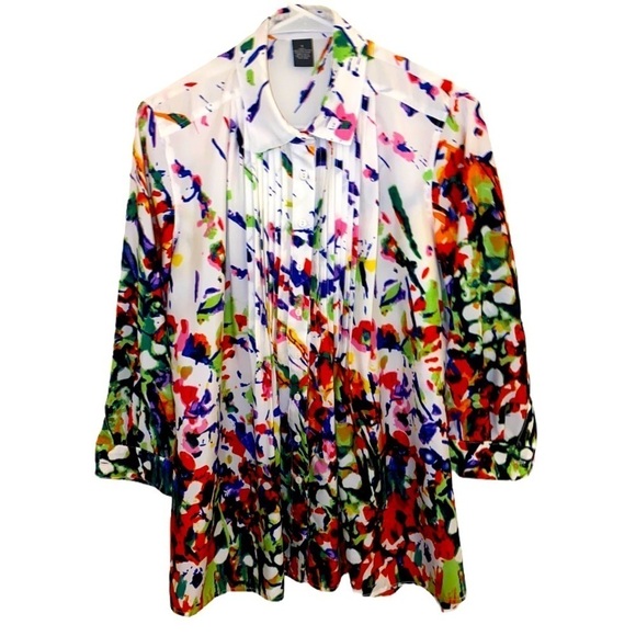 CHELSEA & THEODORE White Multicolor Abstract Ruffle Blouse Size M - Picture 6 of 7